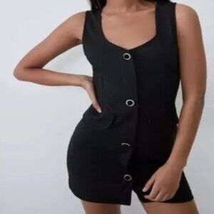 ZARA Rhinestone Button Down Career Mini Dress Black M
